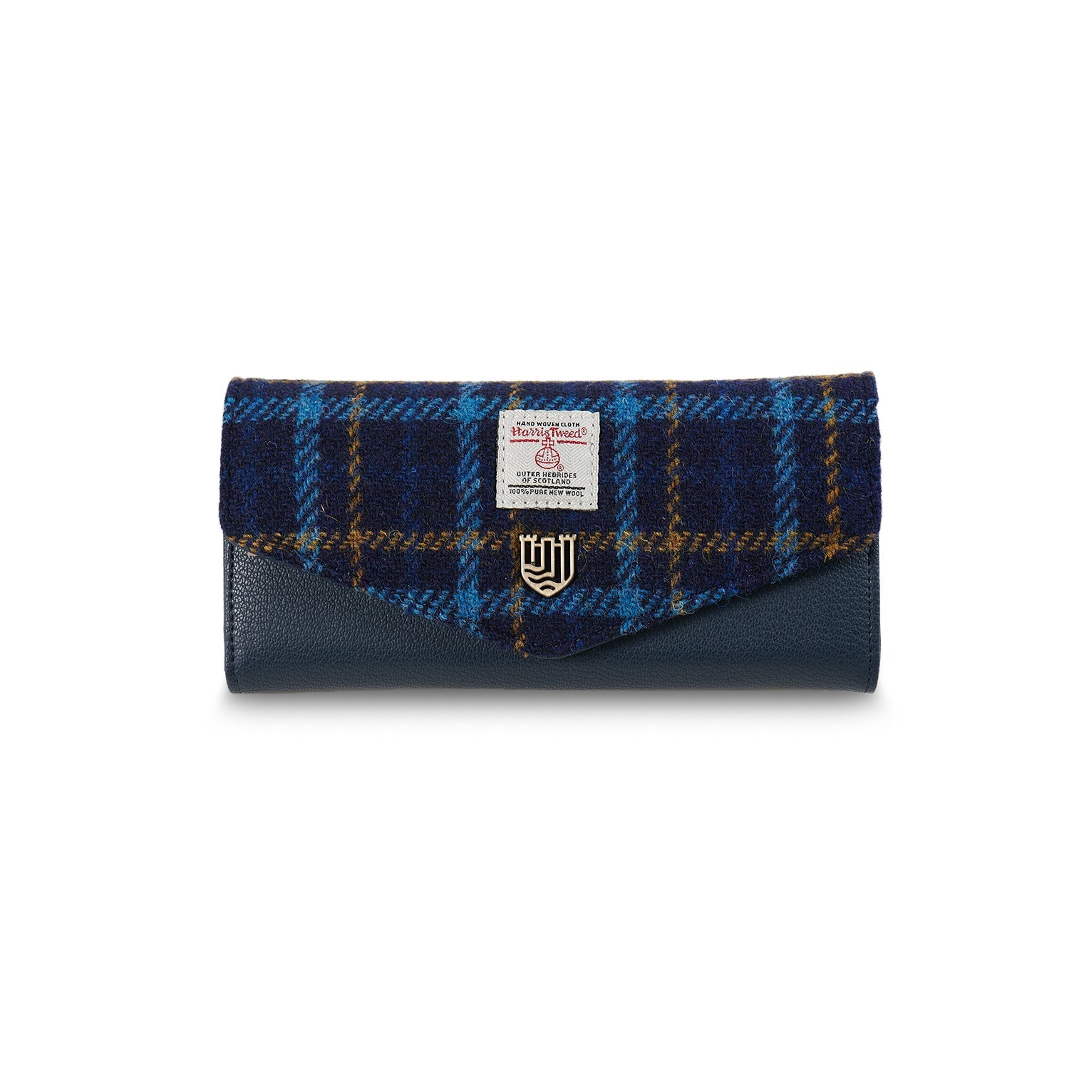 Harris Tweed large clasp purse in navy tartan with navy leather