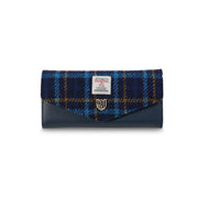 Harris Tweed large clasp purse in navy tartan with navy leather