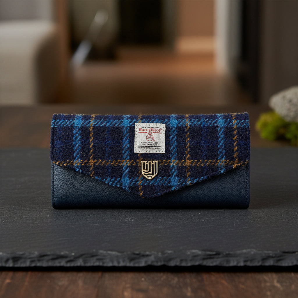 Large Clasp Purse With Navy Tartan Harris Tweed®