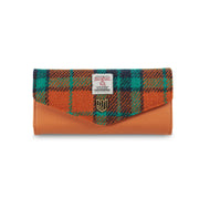 Harris Tweed large clasp purse in orange and teal tartan with orange leather