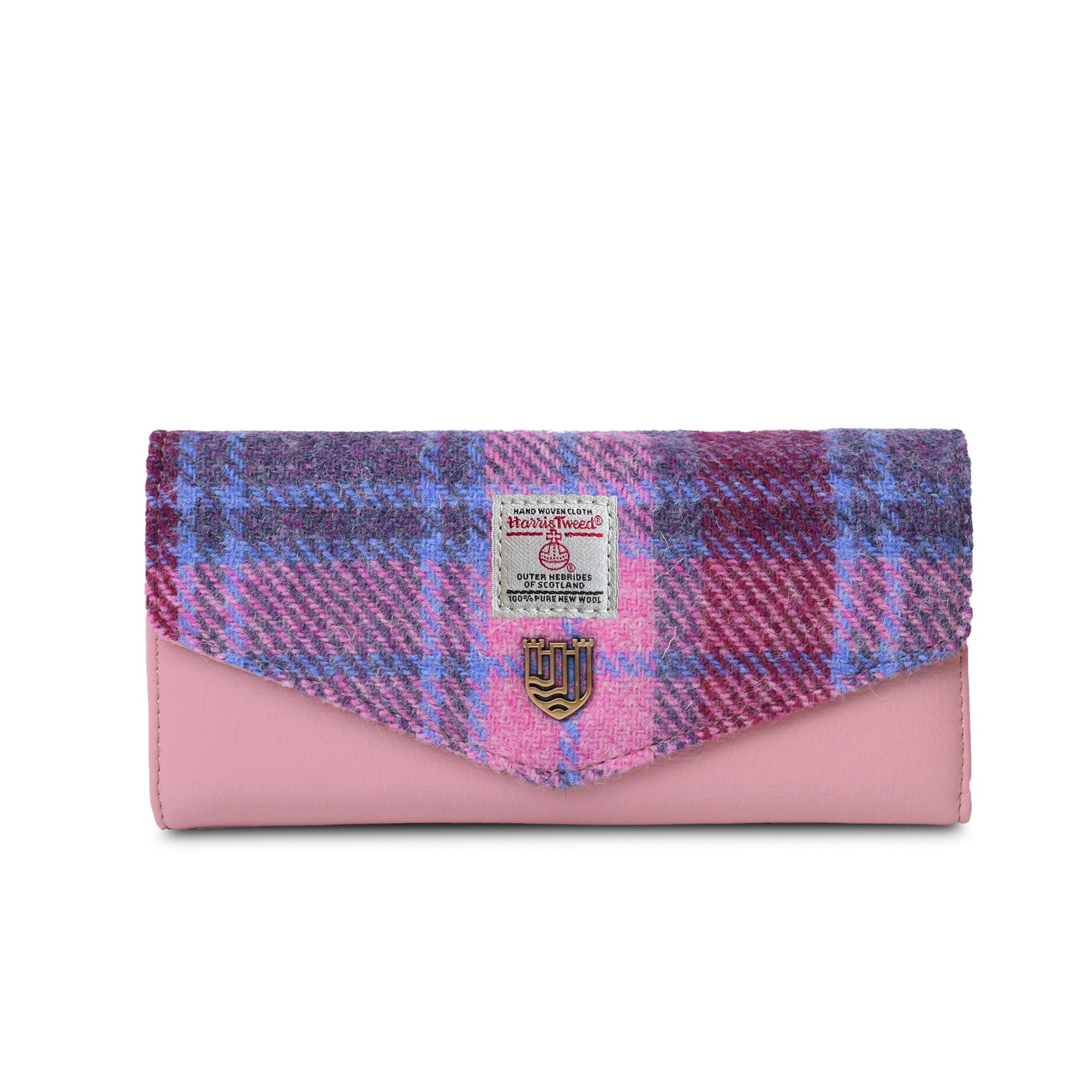 Harris Tweed large clasp purse in pink and blue tartan with pink leather