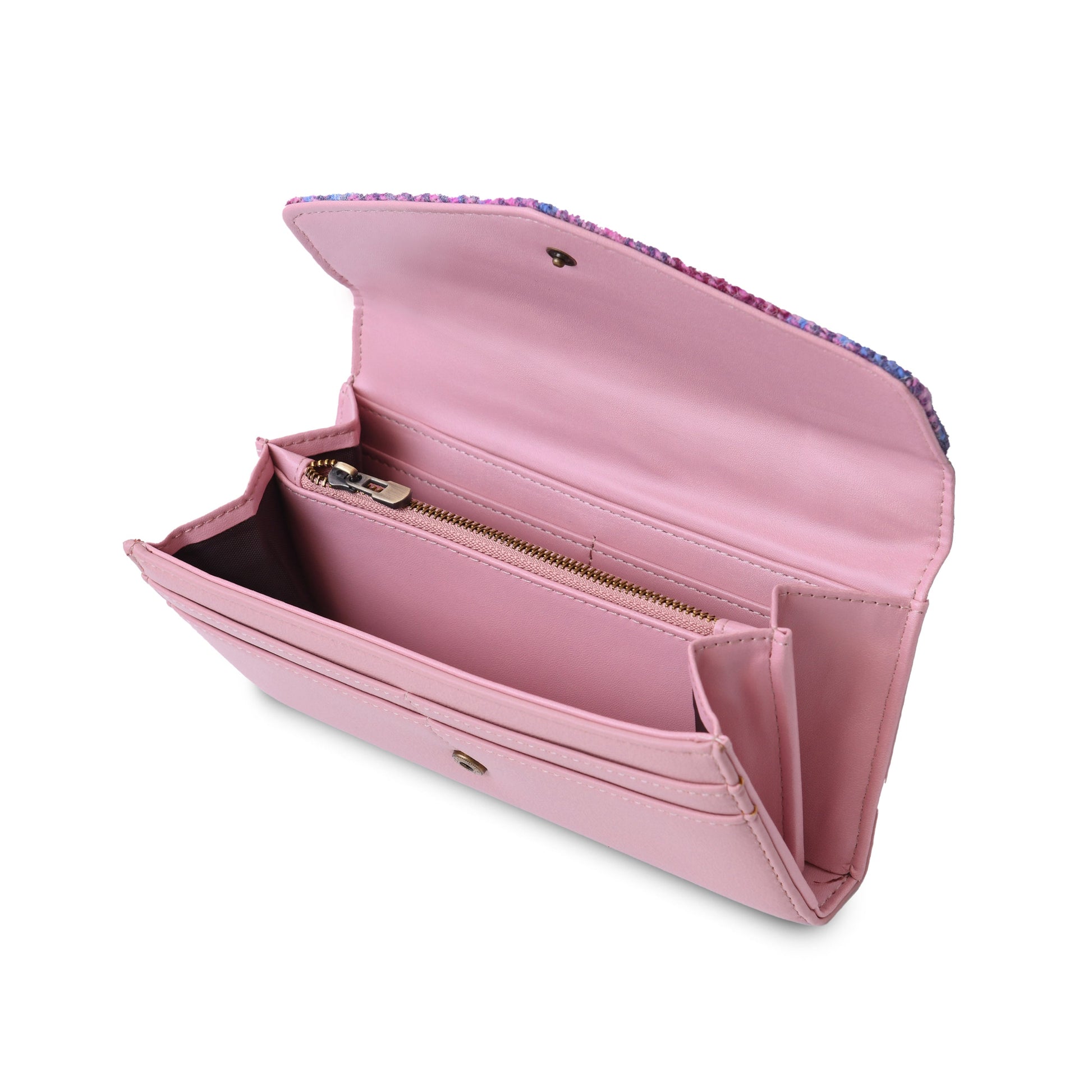 Pink and blue tartan clasp purse open, showing the lined card and coin sections