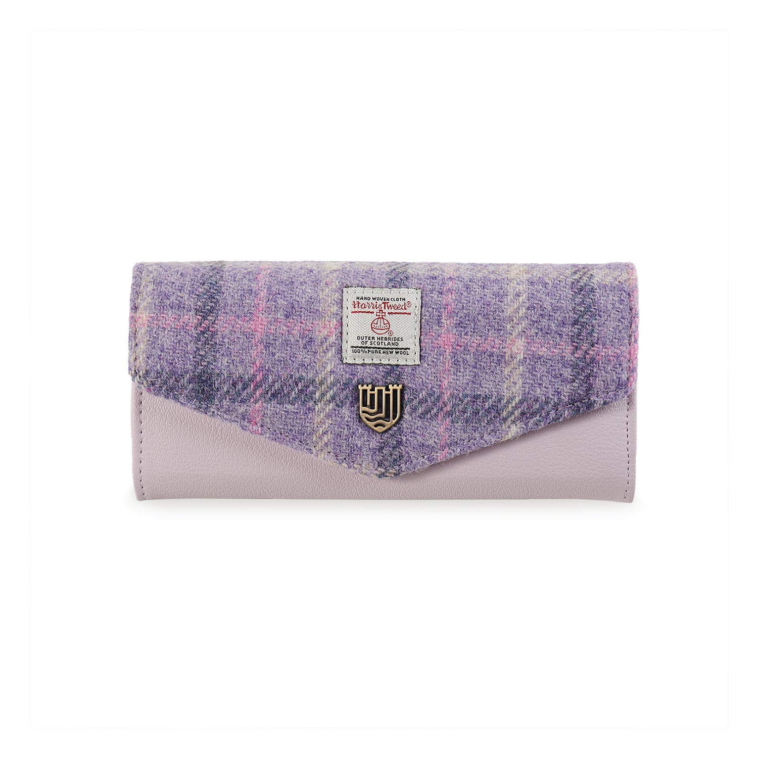 Islander Harris Tweed clasp purse in lilac and pink tartan, front view