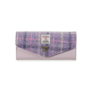 Islander Harris Tweed clasp purse in lilac and pink tartan, front view