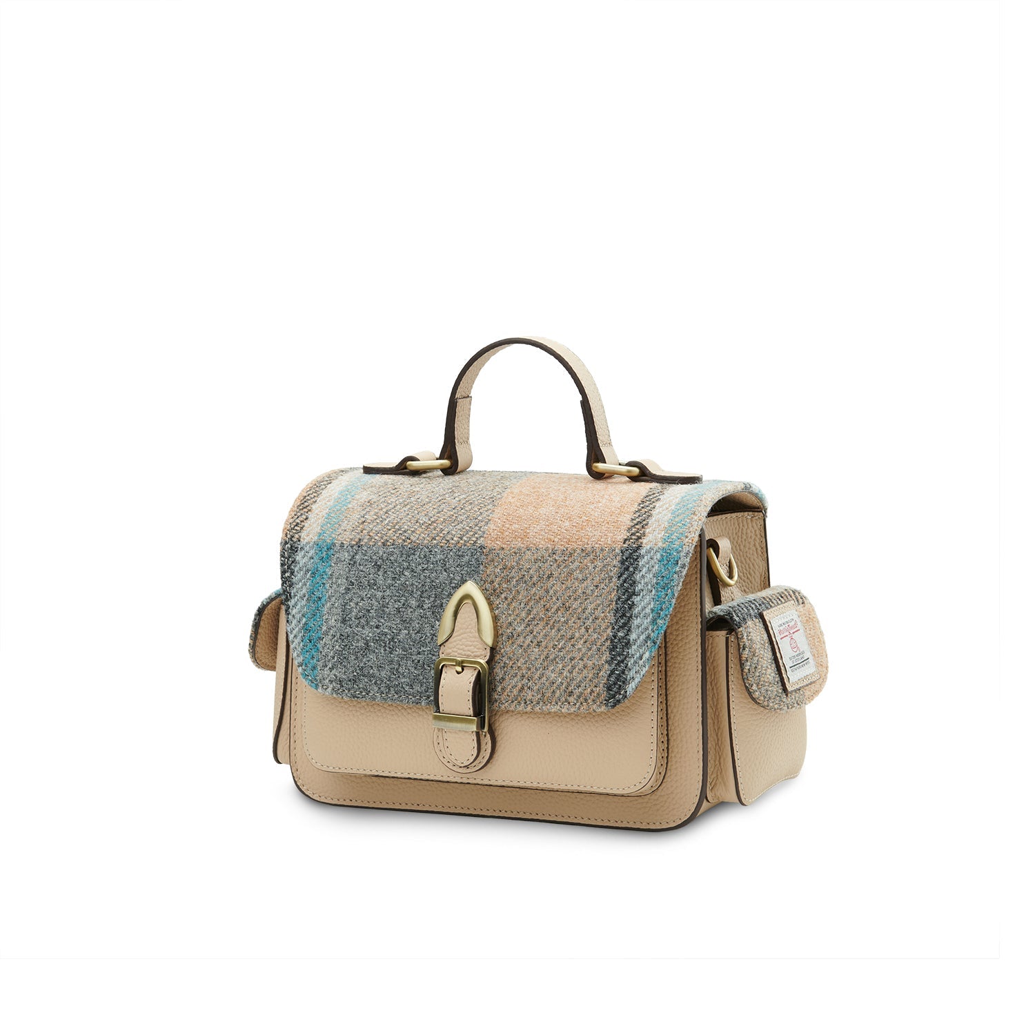 Melrose crossbody angled view showing side pocket and tweed label on white background