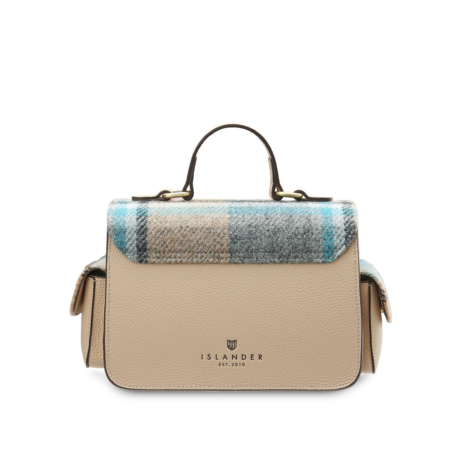 Melrose crossbody back view with embossed Islander logo on white background