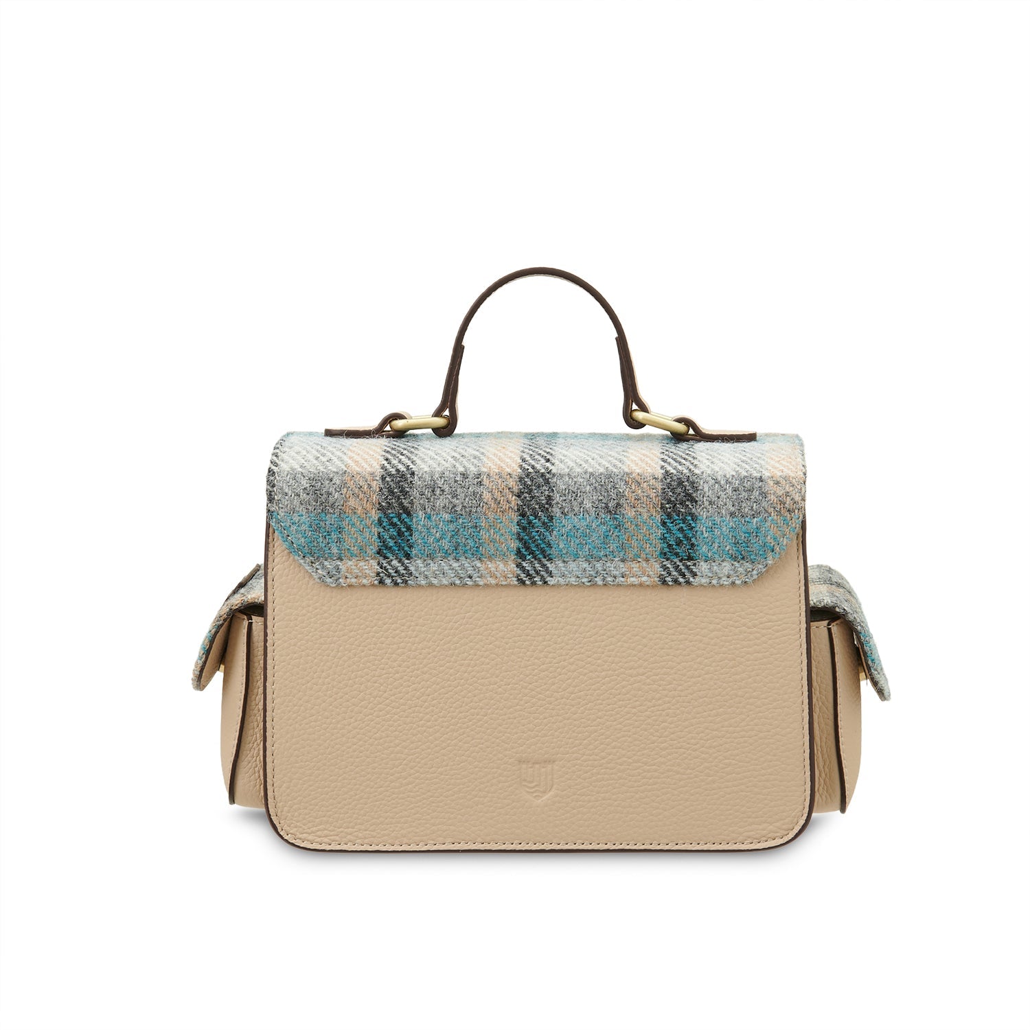 Melrose crossbody back view showing embossed Islander logo on white background