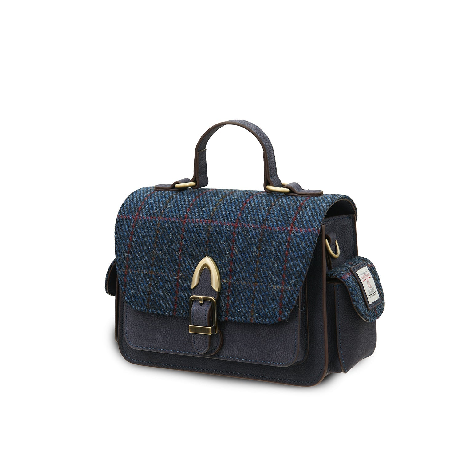 Navy Melrose crossbody angled view showing side pocket and tweed label