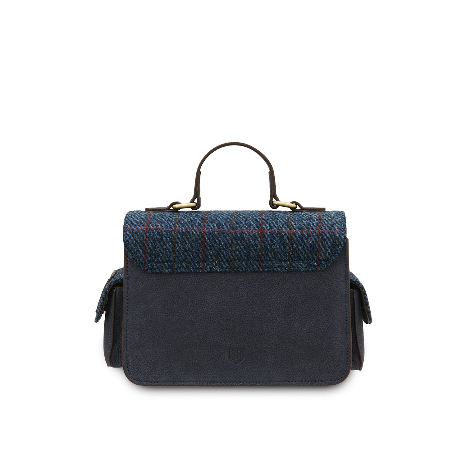Navy Melrose crossbody back view with embossed Islander logo on white background