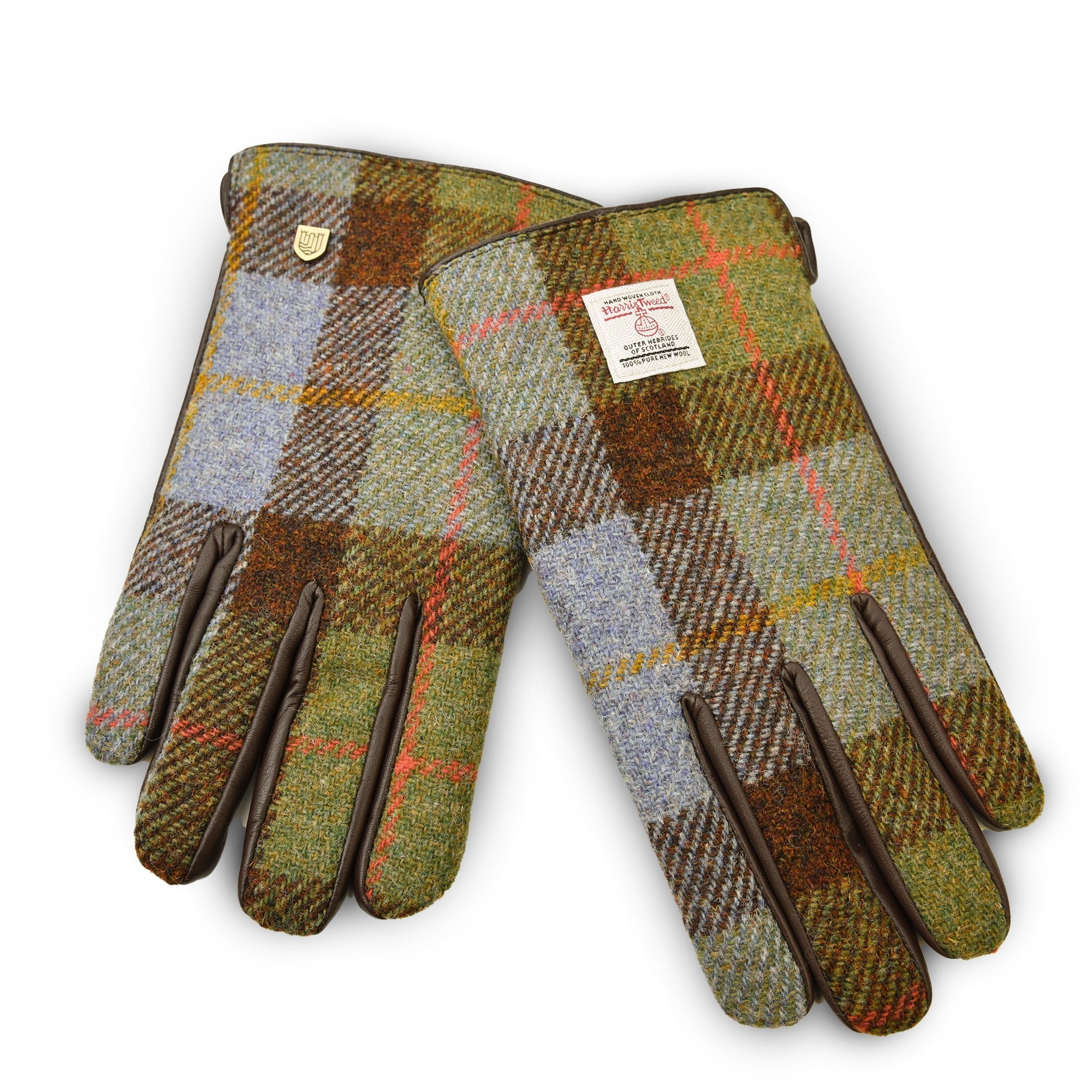 Chestnut and blue tartan Harris Tweed men's gloves, pair shown flat