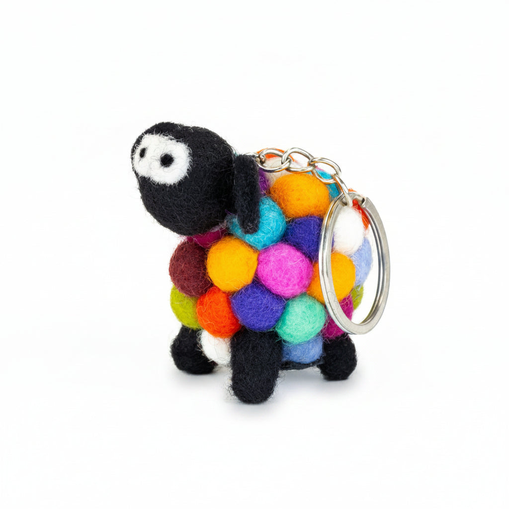 Felt sheep keyring with a bright multicoloured ball body, on a plain white background.