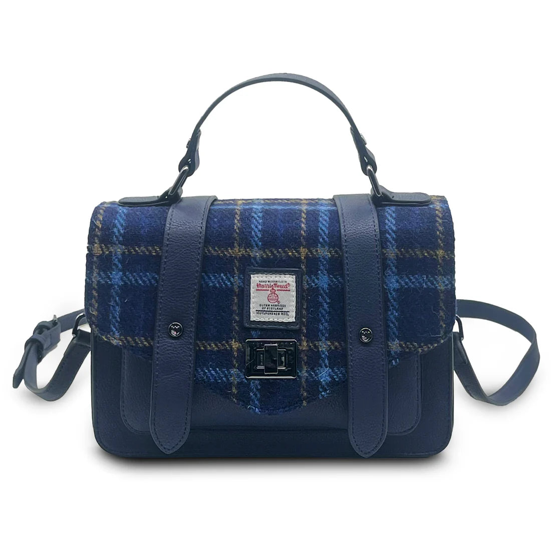 Full front view of Navy Tartan Mini Satchel with Harris Tweed® cloth and adjustable shoulder strap.