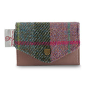 Pink and green Harris Tweed® tartan card holder with leather base and gold button by Islander.