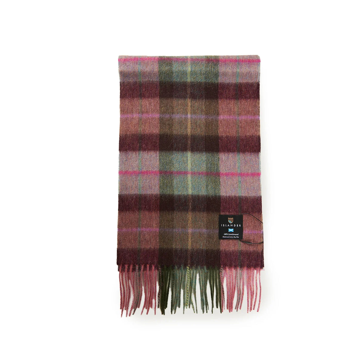 Pink and blue tartan lambswool scarf neatly folded with soft fringe edges, showing a mix of blush, blue, and green check pattern on a white background.