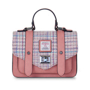 Front view of Purple Pink Mini Satchel with Harris Tweed® and soft pink leather trim