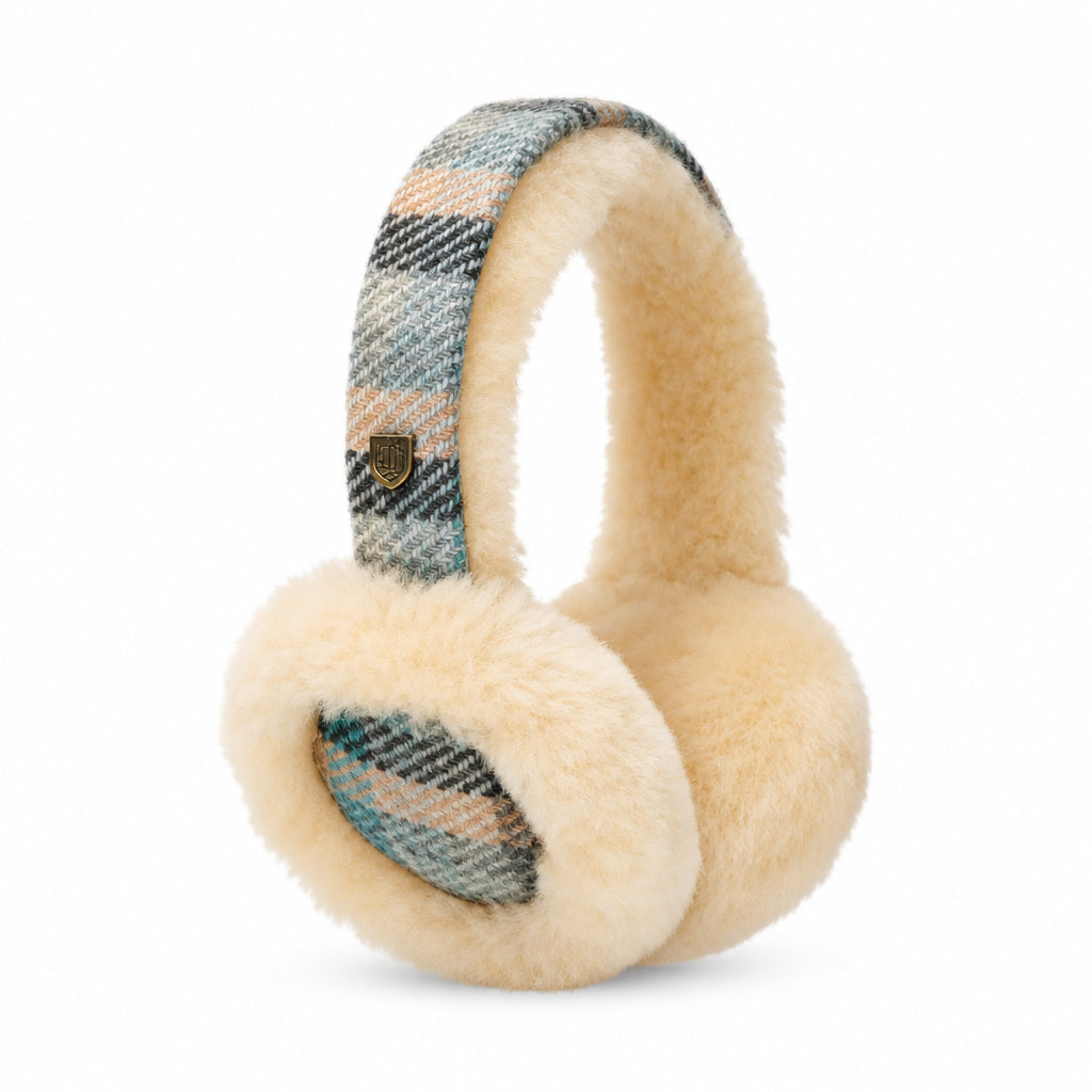 A pair of warm and stylish Islander tartan Harris Tweed earmuffs