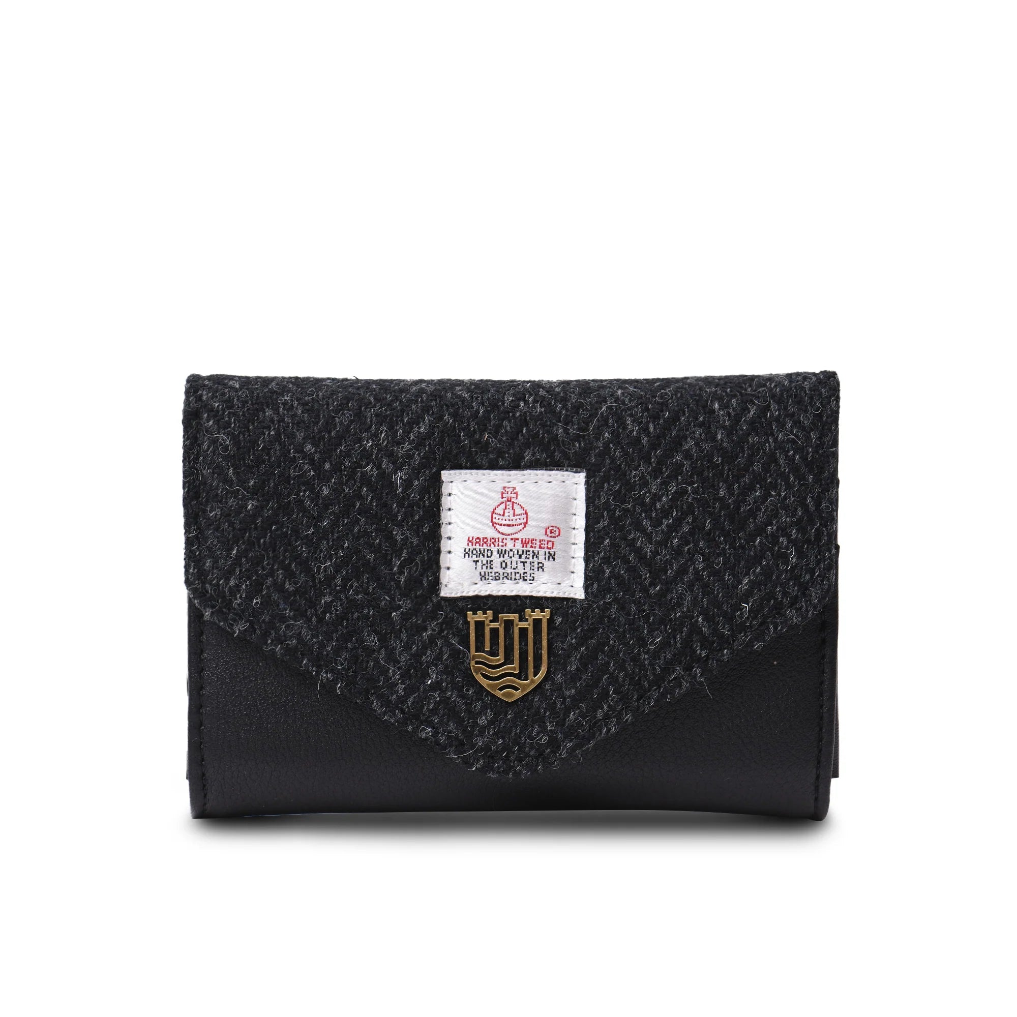 Black herringbone Harris Tweed clasp purse front view on white background.