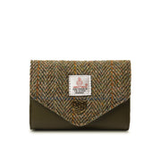 Chestnut herringbone Harris Tweed clasp purse front view on white background.