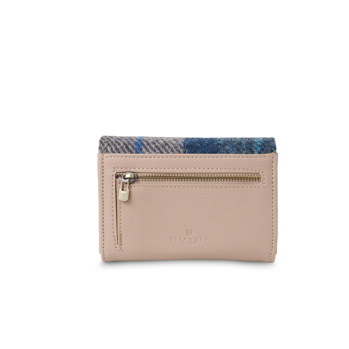 Navy-beige tartan Harris Tweed clasp purse angled on white background.