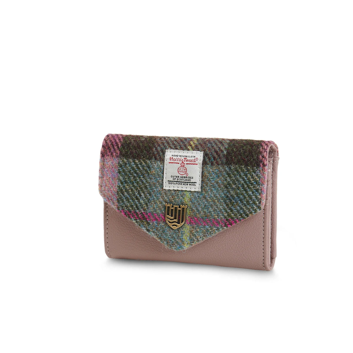 Pink-green tartan Harris Tweed clasp purse angled on white background.