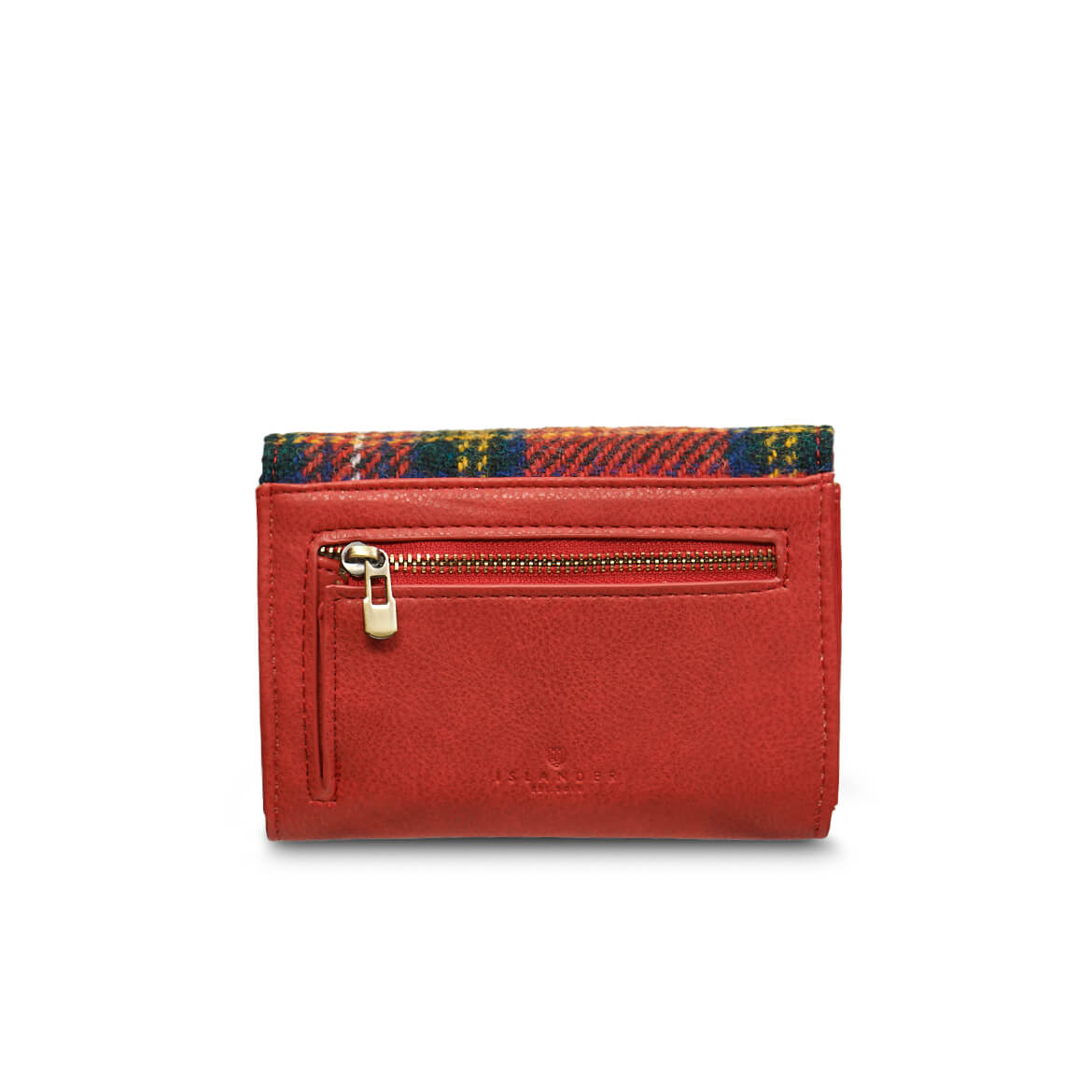 Back of Islander Harris Tweed purse showing red vegan leather and zip coin pocket.