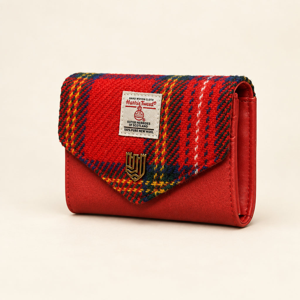 Angled side view of Harris Tweed small purse in vibrant red and Royal Stewart tartan design.