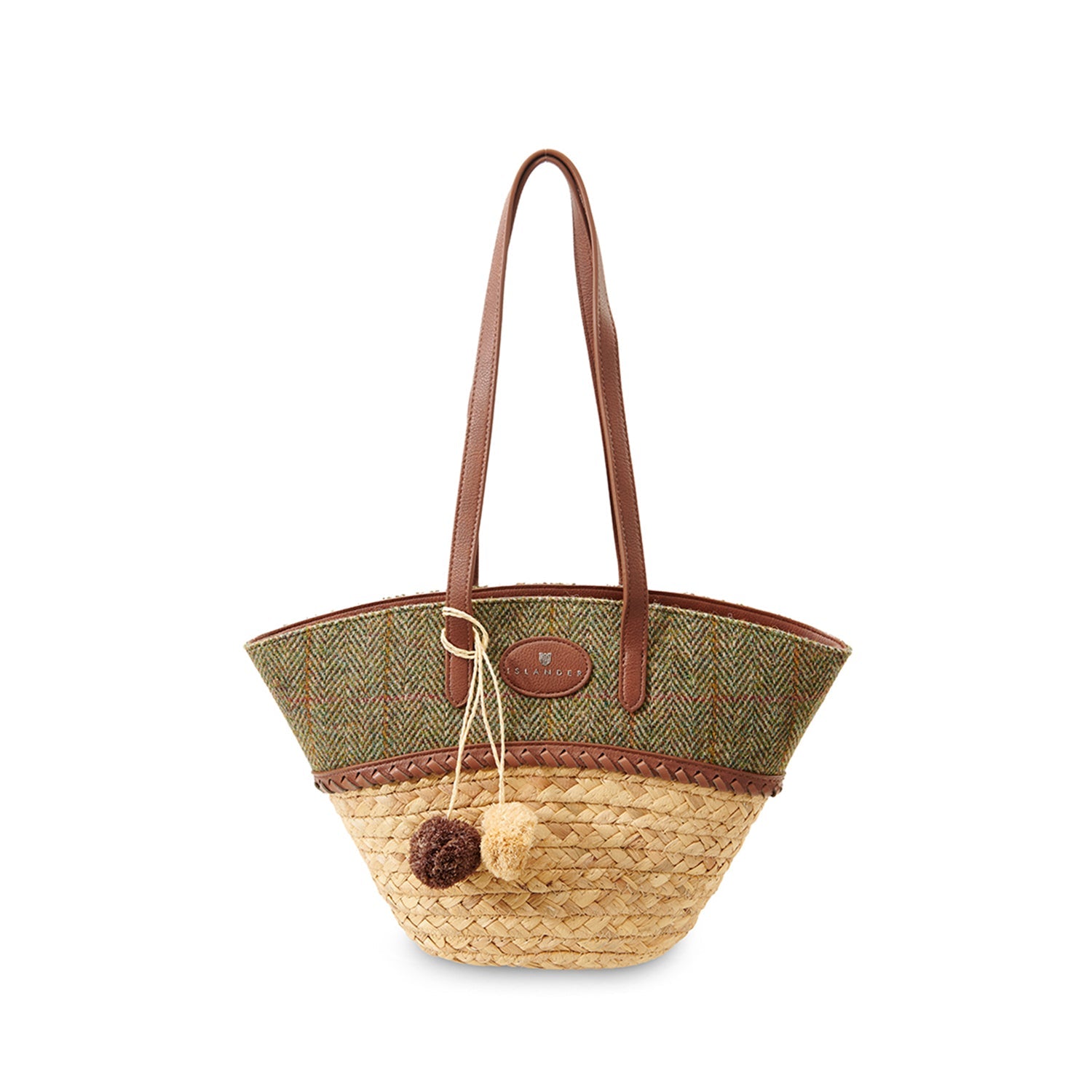 Olive herringbone straw basket bag with long leather shoulder straps