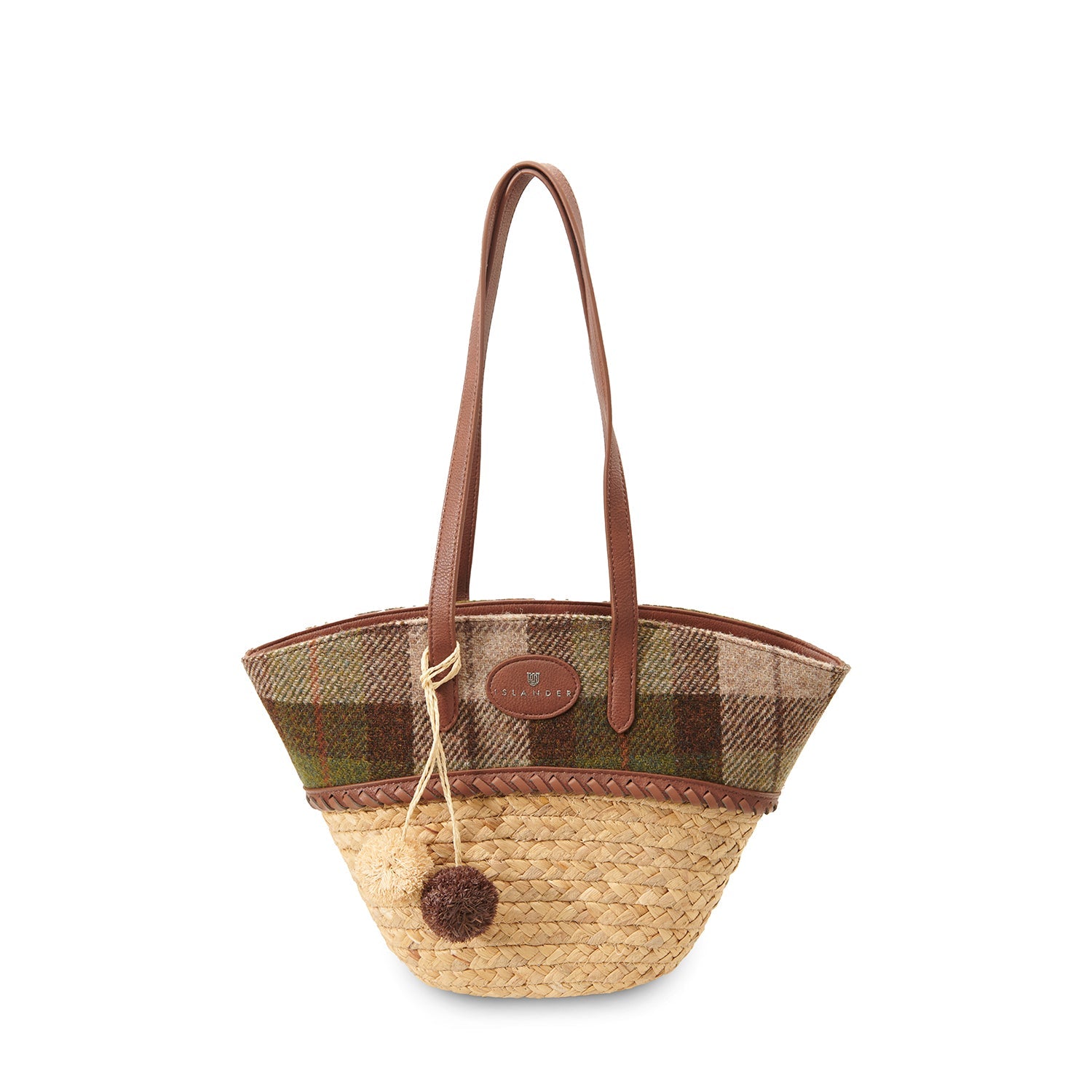 Chestnut tartan straw basket bag with a wool pom pom charm on the handle