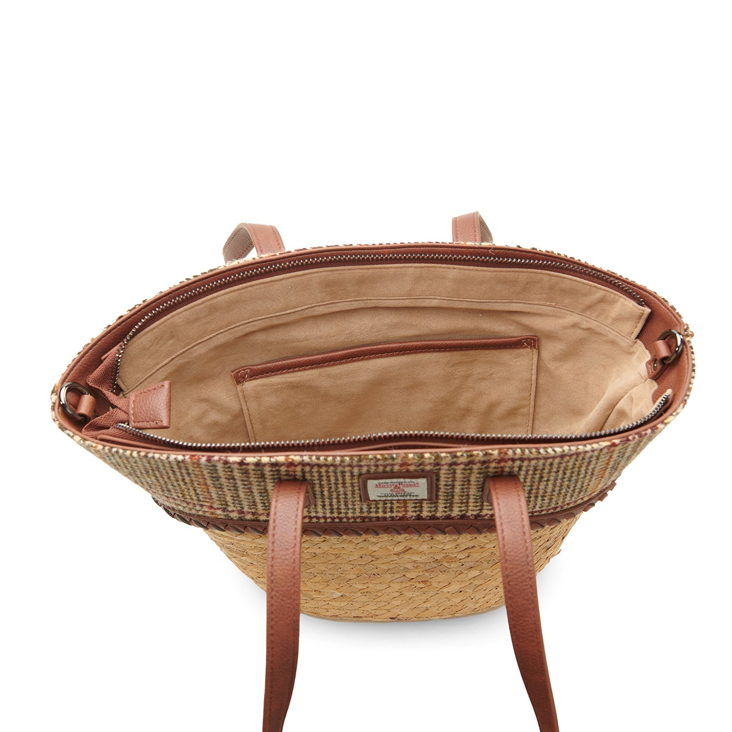 Basket bag from above, open to show the lining and interior pocket