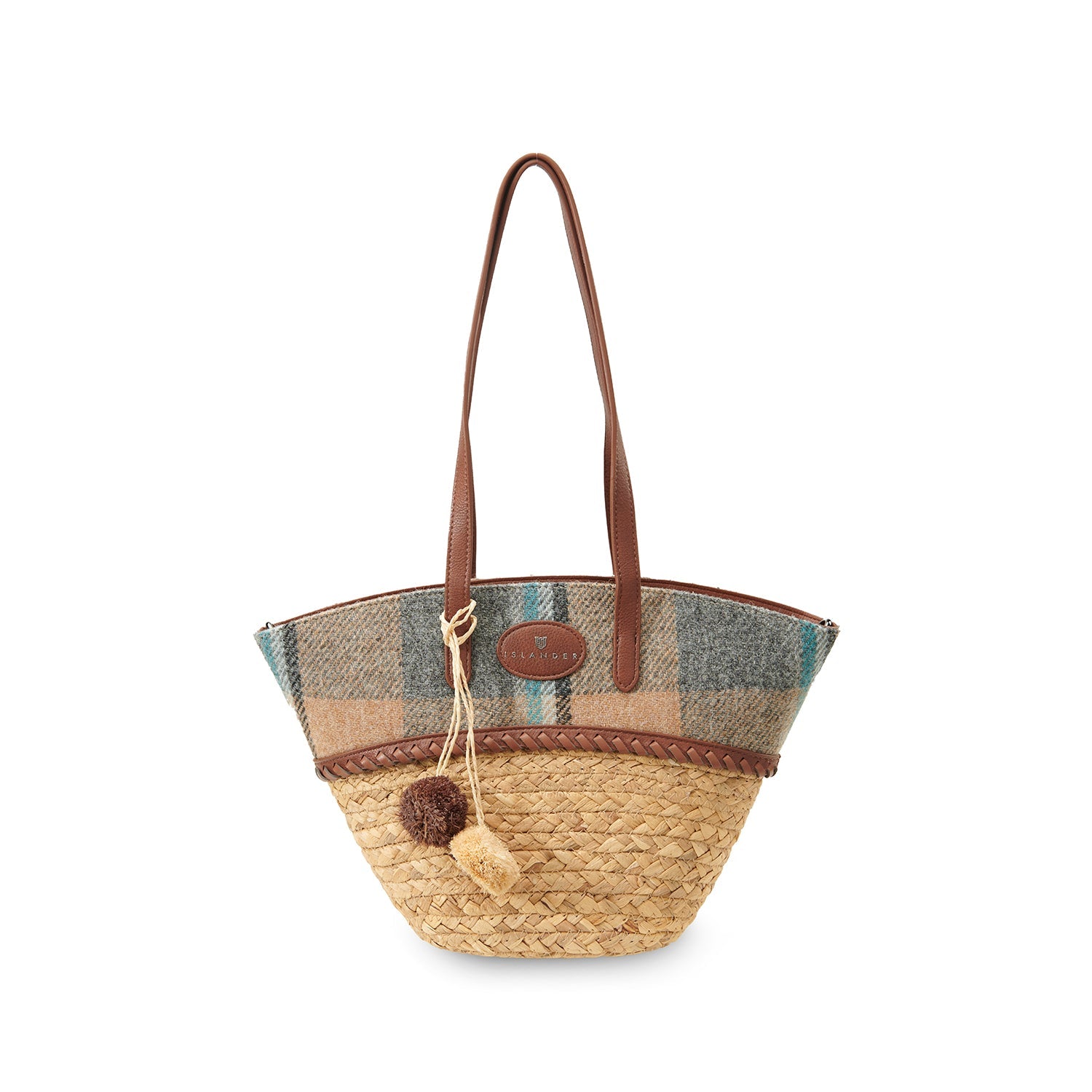 Islander check straw basket bag with a wool pom pom charm on the handle
