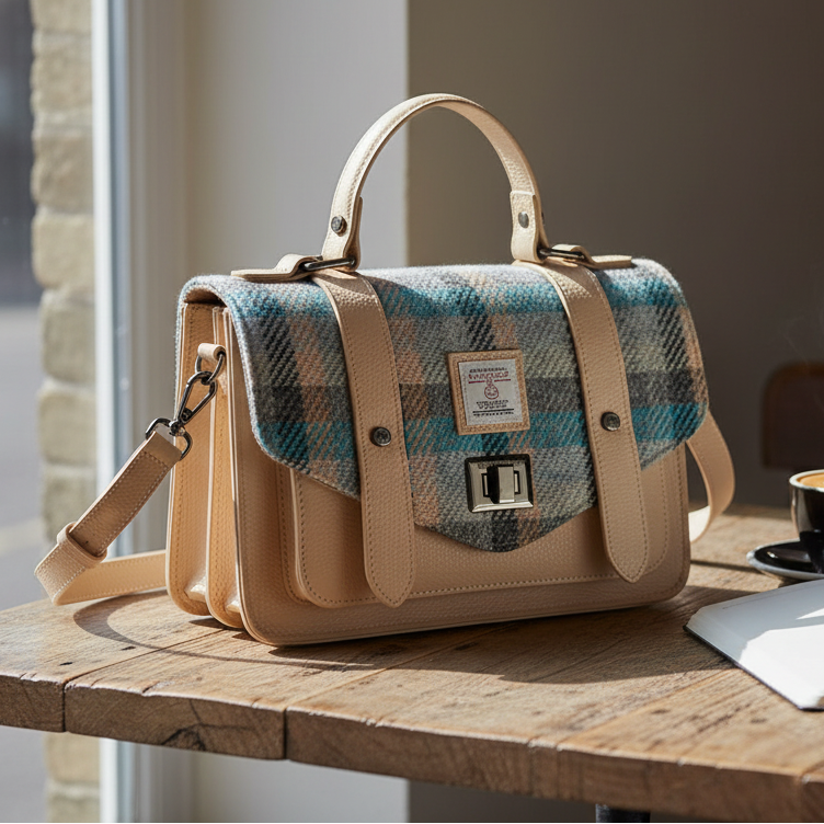 Islander tartan Harris Tweed satchel with cream leather on desk by window