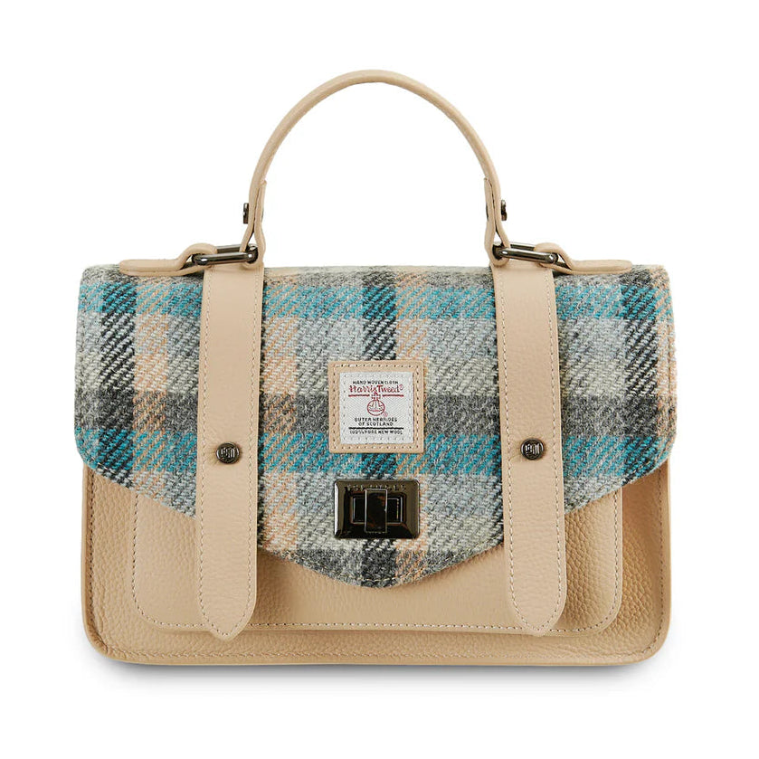 Islander tartan Harris Tweed medium leather satchel front view with top handle.