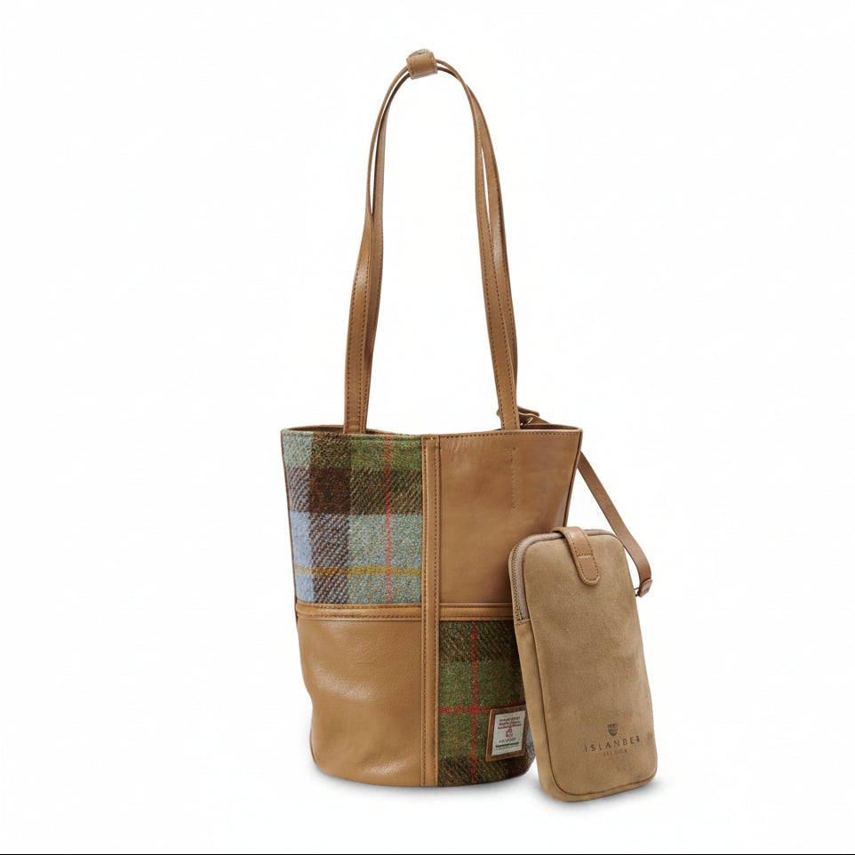 Chestnut-blue tartan Harris Tweed bucket bag front view with phone pouch