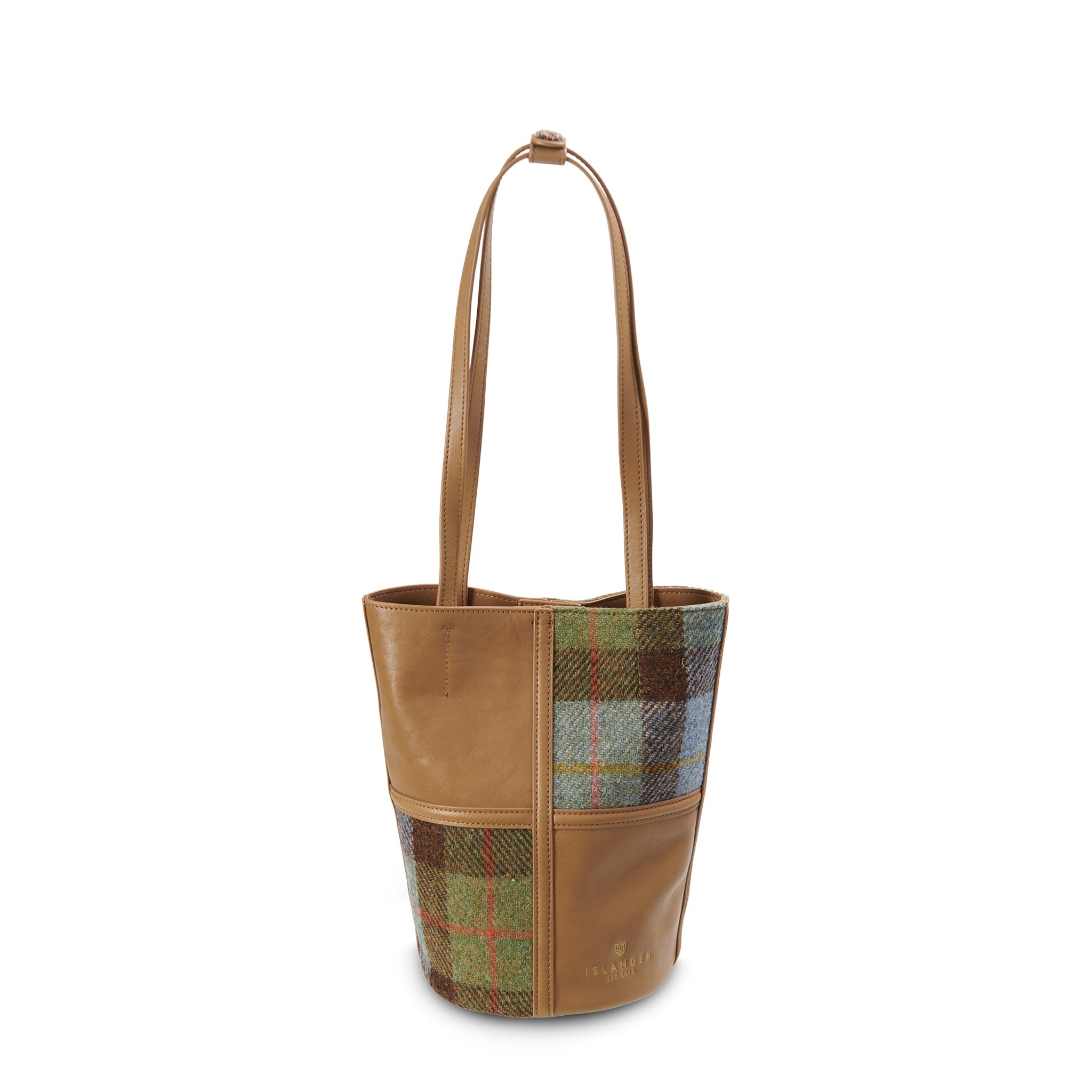 Orlagh chestnut-blue tartan bucket bag showing pattern on white background