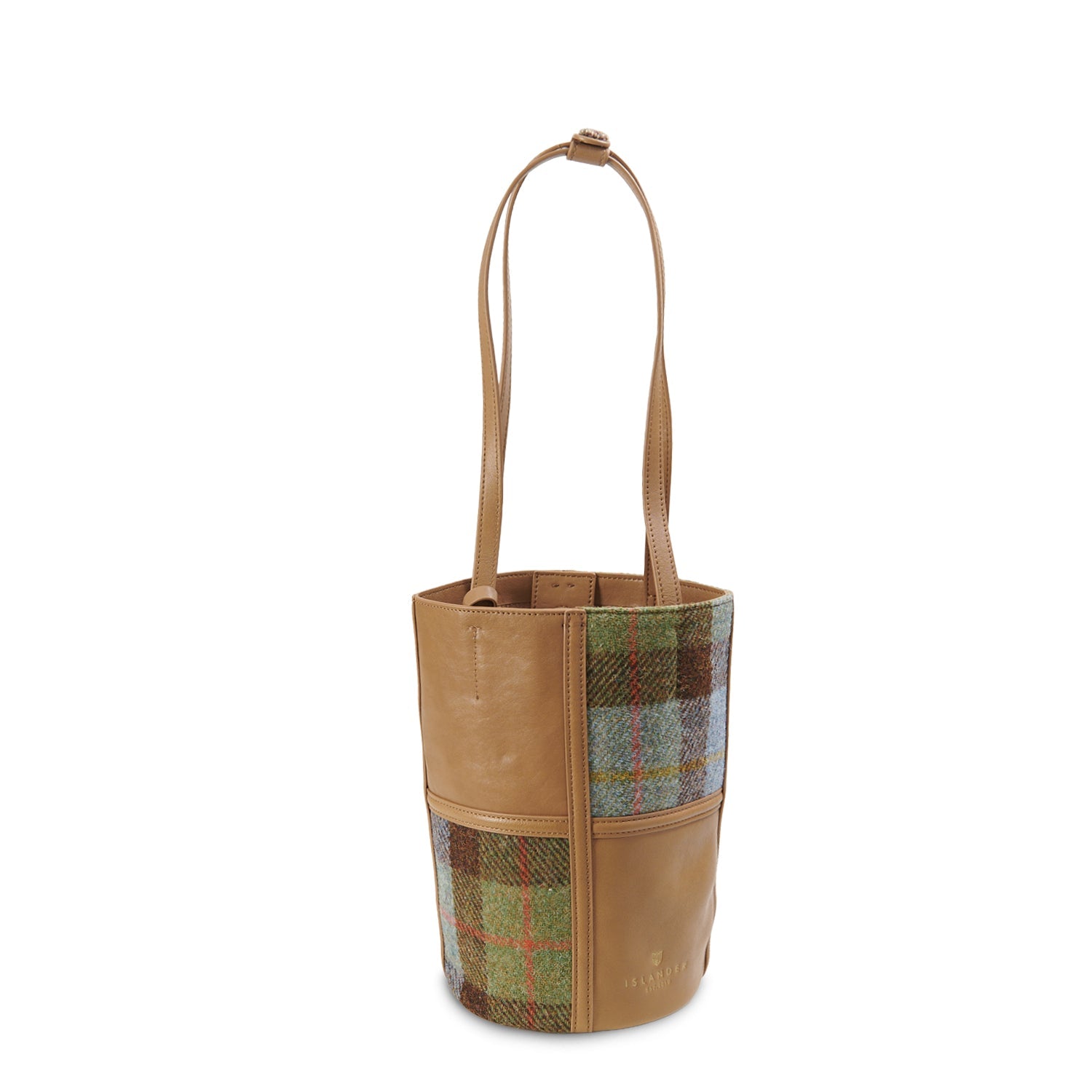 Chestnut-blue tartan Harris Tweed bucket bag side profile on white background