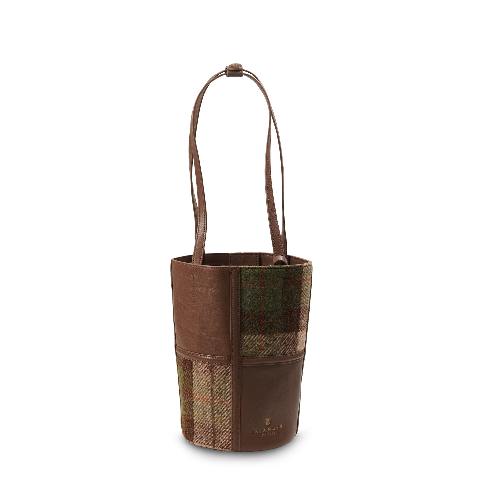 Orlagh chestnut tartan bucket bag showing pattern detail on white background