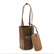 Chestnut tartan Harris Tweed bucket bag front view with phone pouch