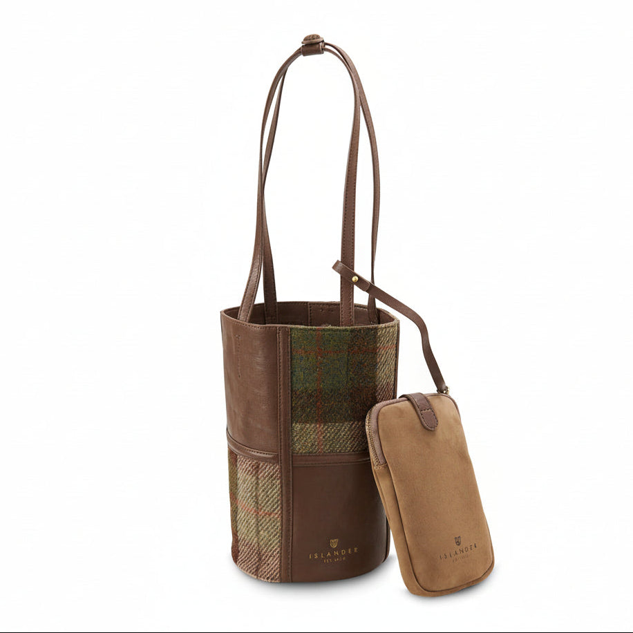 Chestnut tartan Harris Tweed bucket bag front view with phone pouch