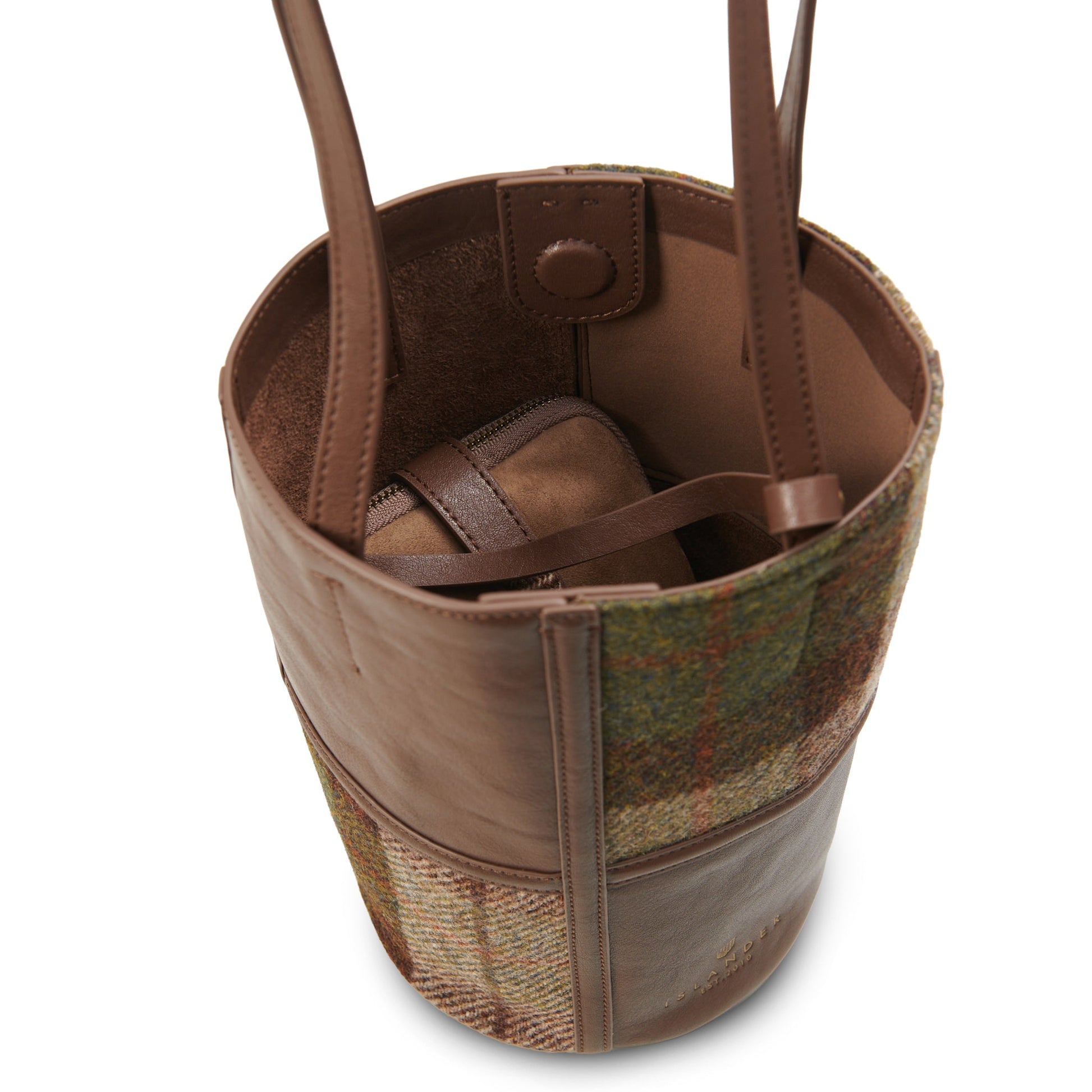 Orlagh chestnut tartan bucket bag interior view from above on white