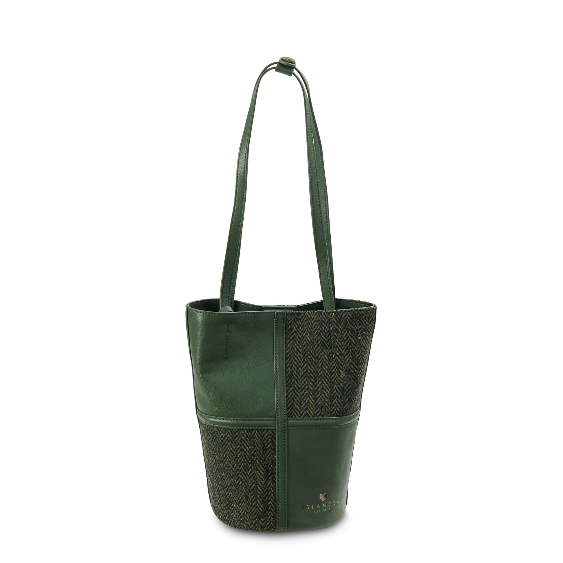 Orlagh green herringbone bucket bag angled view on white background