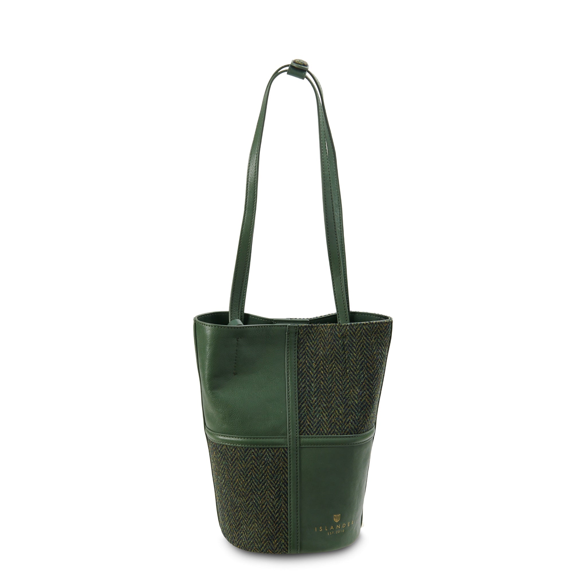 Orlagh green herringbone bucket bag angled view on white background