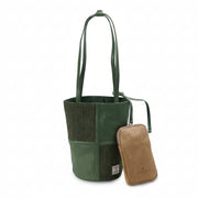 Green herringbone Harris Tweed bucket bag front view with phone pouch