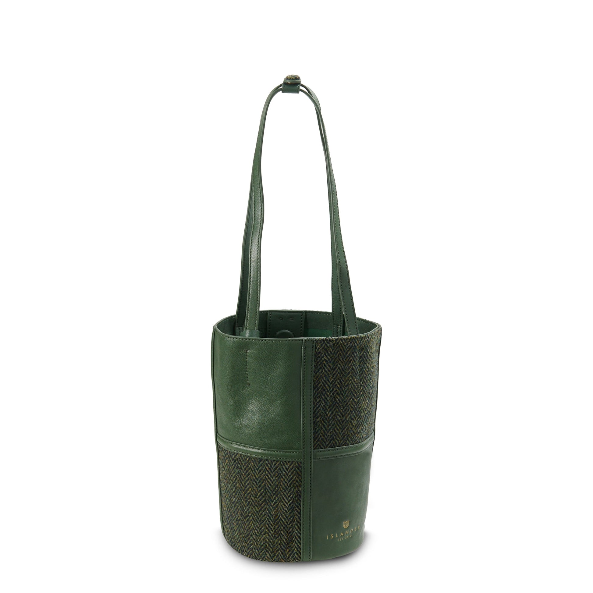 Green herringbone Harris Tweed bucket bag with phone pouch on white