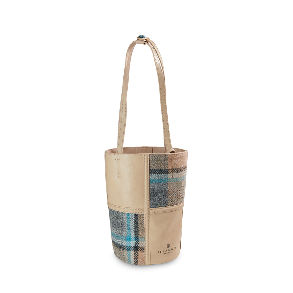 Orlagh cream check Harris Tweed bucket bag angled view on white background