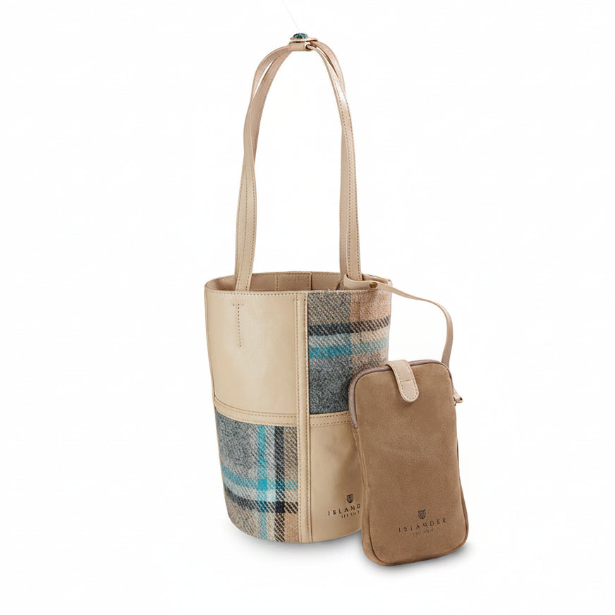 Orlagh cream check Harris Tweed bucket bag front view on white background