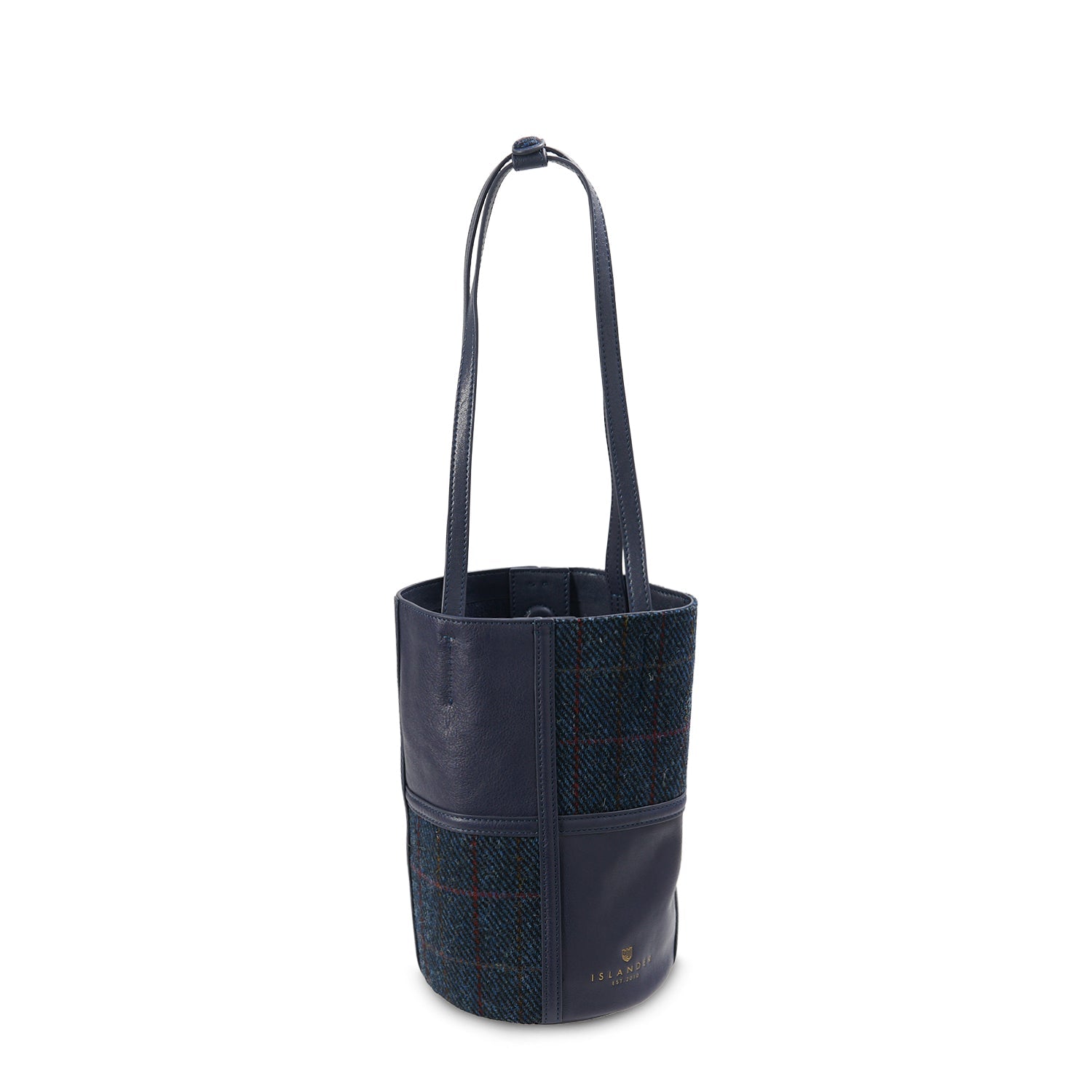 Orlagh navy over-check Harris Tweed bucket bag side view on white