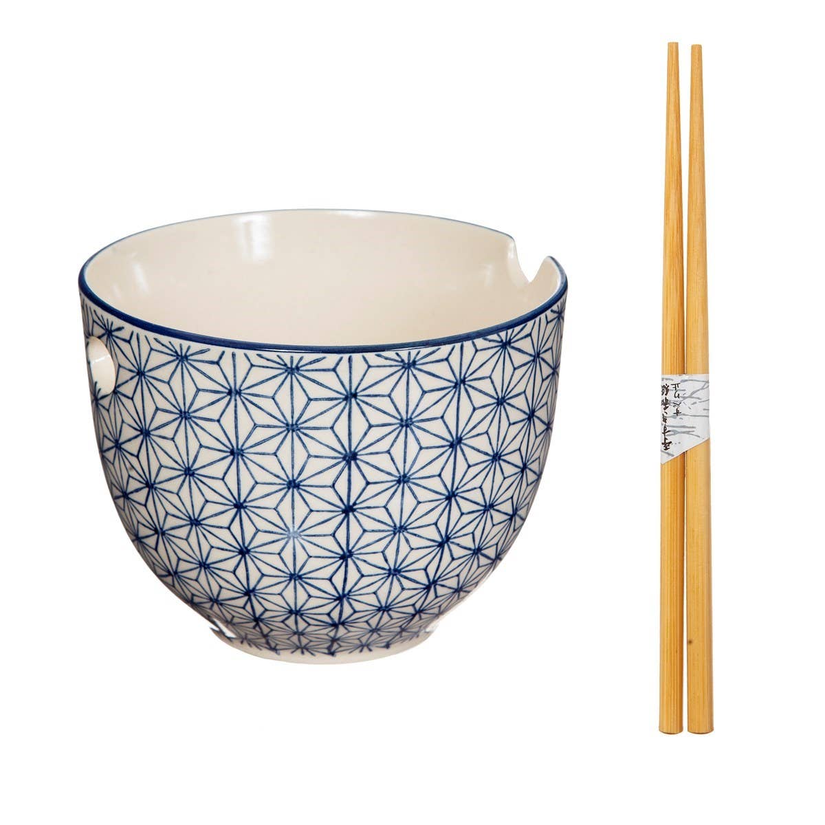 Close up of sashiko pattern noodle bowl showing blue star design