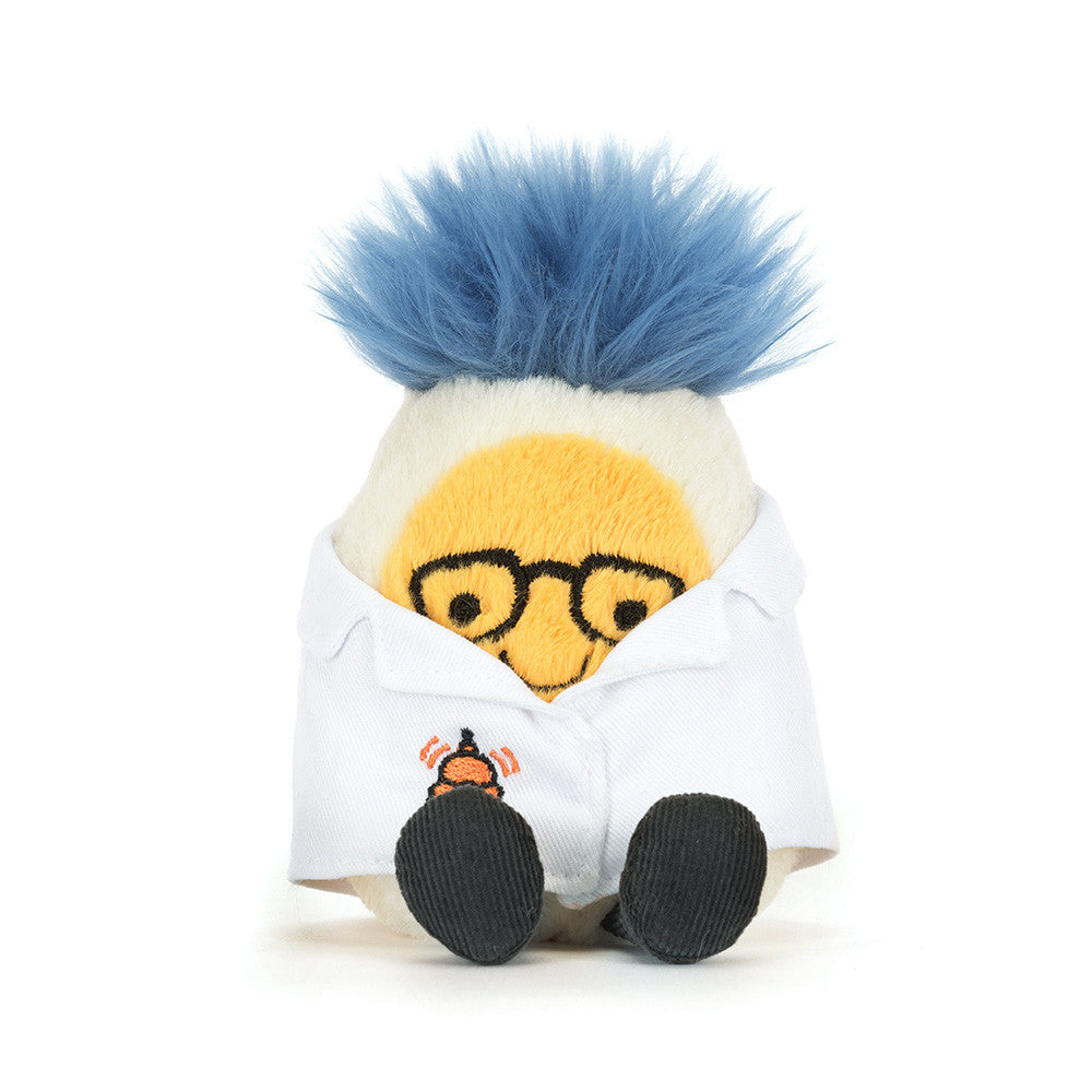Close up of the smiling face of Amuseables Boiled Egg Scientist