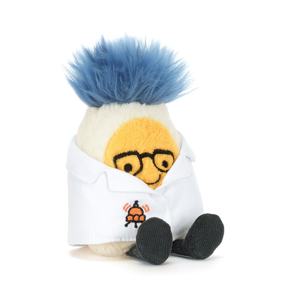 Jellycat Amuseables Boiled Egg dressed as a scientist with lab coat