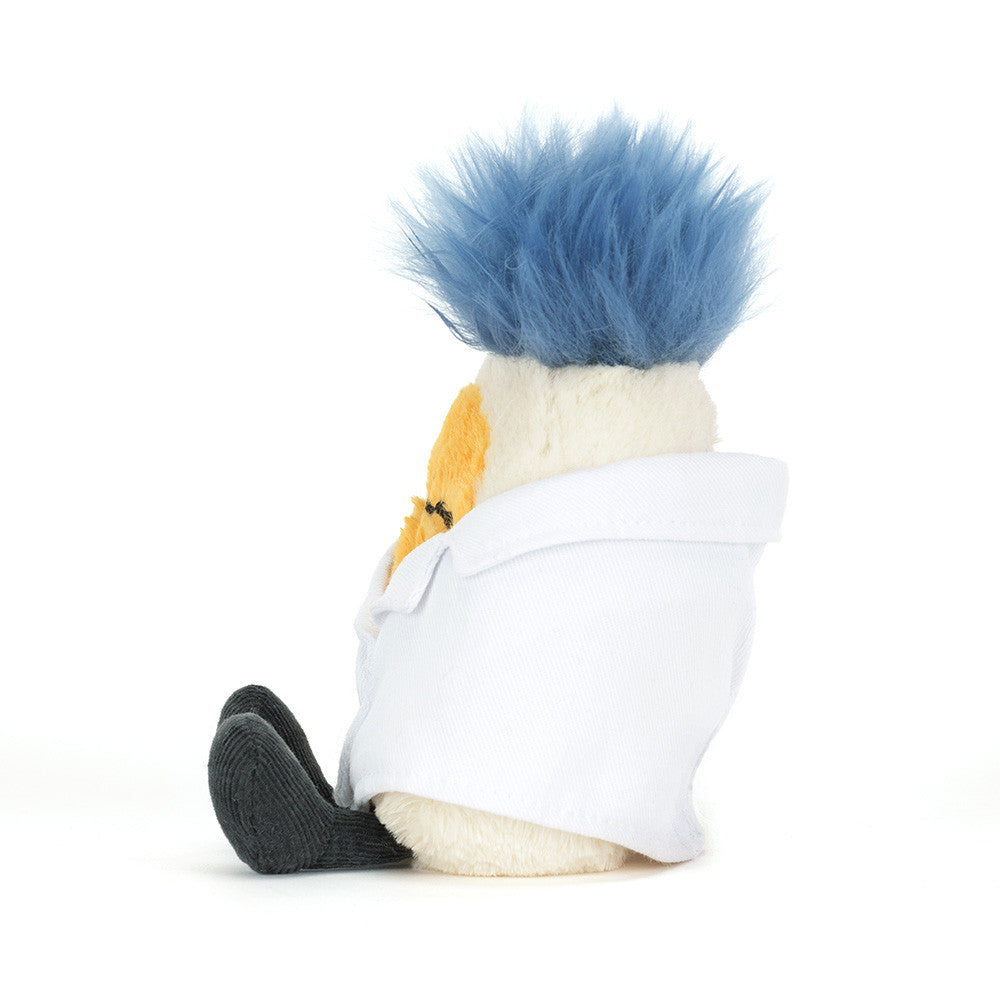 Lab coat and clipboard detail on the boiled egg scientist plush